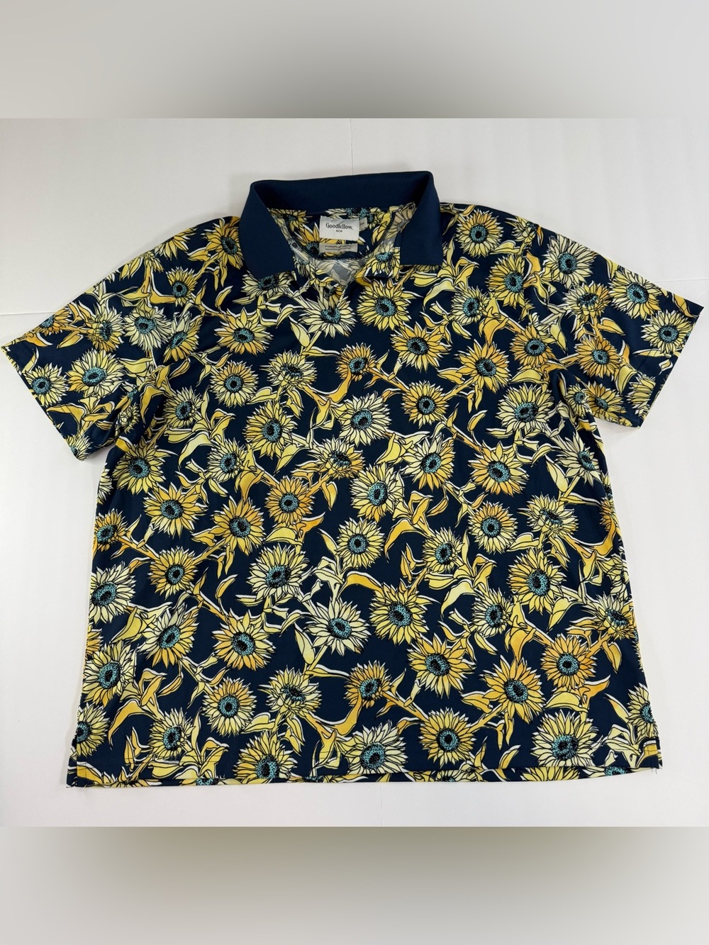 Goodfellow & Co Navy lightweight Golf Polo with Yellow Sunflower Print